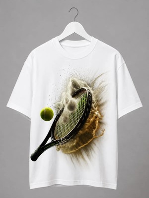 Vodexa Unisex Oversize Tennis Baskılı T-Shirt %100 Pamuk Tenis Temalı Rahat Kalıp Kısa Kollu Tişört