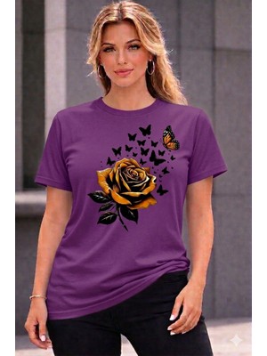 Vodexa Kadın Oversize T-Shirt Sarı Gül Baskılı %100 Pamuk Tişört Rahat Kalıp