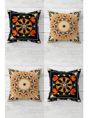 Pelangi Etnik Desenli Bohemian Gizli Fermuarlı Kırlent Kılıfı Koltuk Yastık Kılıfı TAKIM(4ADET), Turuncu-Kahve Bej 45 x 45