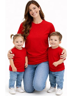 Vodexa Anne Ünisex Çocuk Kombin Oversize Tişört Twin T-Shirt Sade Baskılı Tekli