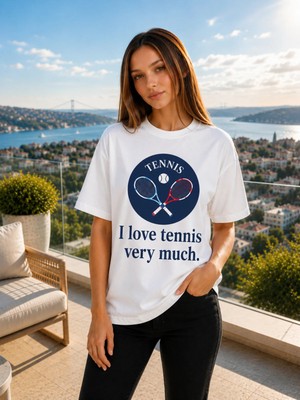 Vodexa Unisex Oversize Tennis Baskılı T-Shirt %100 Pamuk Tenis Temalı Rahat Kalıp Kısa Kollu Tişört