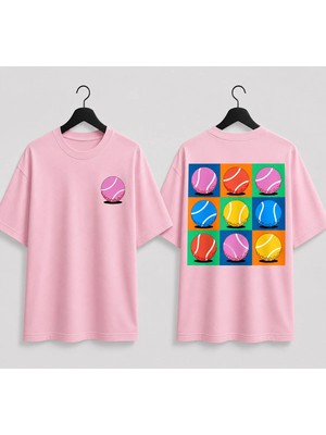 Vodexa Unisex Oversize Tennis Baskılı T-Shirt %100 Pamuk Tenis Temalı Rahat Kalıp Kısa Kollu Tişört