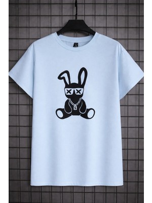 Vodexa Erkek Oversize T-Shirt Kolyeli Tavşan Baskılı %100 Pamuk Tişört Rahat Kalıp