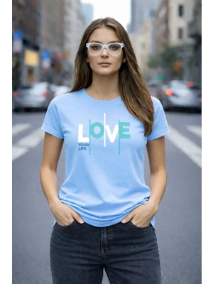 Vodexa Kadın Oversize T-Shirt Alove Baskılı %100 Pamuk Tişört Rahat Kalıp