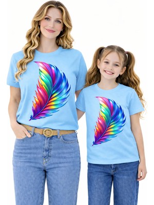 Vodexa Anne Ünisex Çocuk Kombin Oversize Tişört Twin T-Shirt Renkli Tüy Baskılı