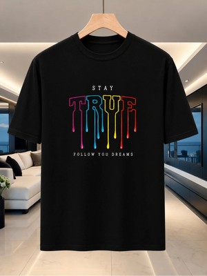 Vodexa Ünisex Oversize T-Shirt True Baskılı %100 Pamuk Tişört Rahat Kalıp