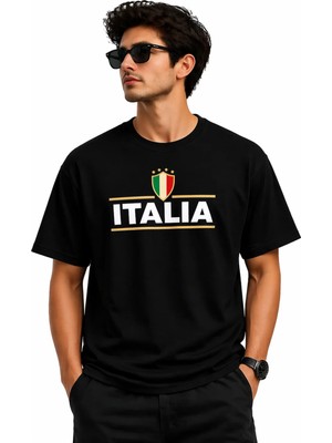 Vodexa Erkek Oversize T-Shirt Italıa Baskılı %100 Pamuk Tişört Rahat Kalıp