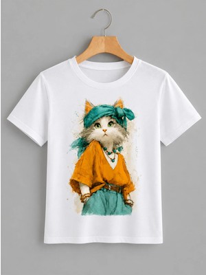Vodexa Ünisex Oversize T-Shirt Süslü Kedi Baskılı %100 Pamuk Tişört Rahat Kalıp