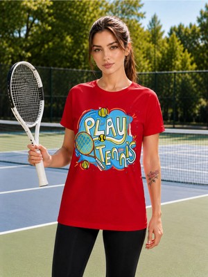 Vodexa Unisex Oversize Tennis Baskılı T-Shirt %100 Pamuk Tenis Temalı Rahat Kalıp Kısa Kollu Tişört