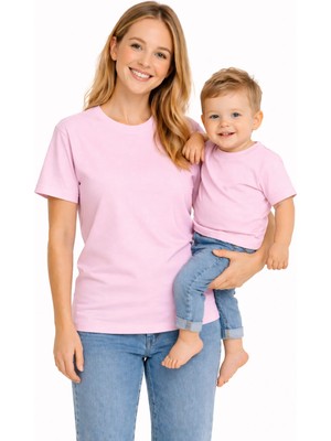 Vodexa Anne Çocuk Kombin Oversize Tişört Twin T-Shirt Tek Renk Baskılı