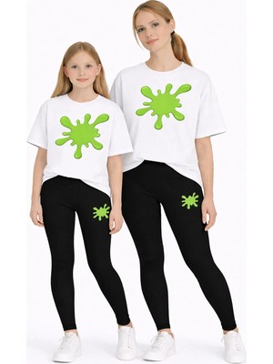 Vodexa Anne Kız Çocuk Kombin Oversize Tişört Twin T-Shirt Yeşil Boya Baskılı