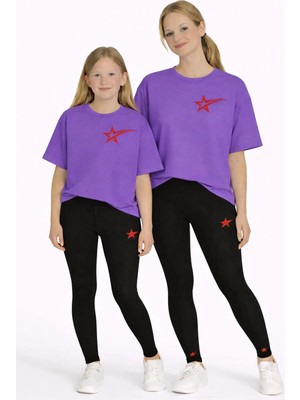 Vodexa Anne Kız Çocuk Kombin Oversize Tişört Twin T-Shirt Kuyruklu Yıldız Baskılı
