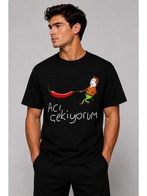 Vodexa Ünisex Oversize T-Shirt Acı Çekiyorum Baskılı %100 Pamuk Tişört Rahat Kalıp