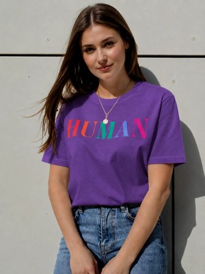 Vodexa Kadın Oversize T-Shirt Human Baskılı %100 Pamuk Tişört Rahat Kalıp