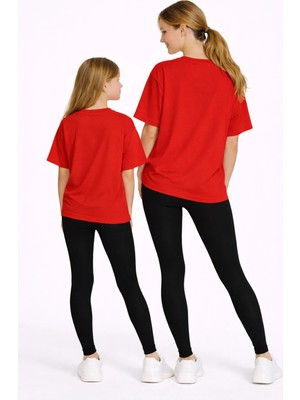 Vodexa Tayt Takım Anne Kız Çocuk Kombin Oversize Tişört Twin T-Shirt 35 Baskılı (Tekli Takım)