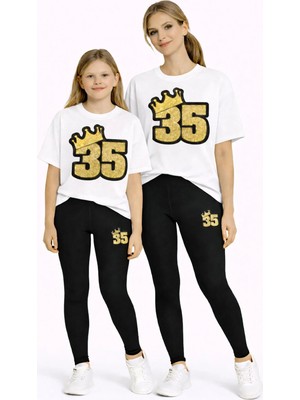 Vodexa Tayt Takım Anne Kız Çocuk Kombin Oversize Tişört Twin T-Shirt 35 Baskılı (Tekli Takım)