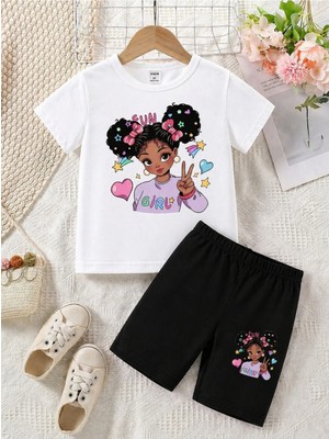 Vodexa Erkek-Kız Çocuk Tişört Şort Takım %100 Pamuk Yazlık Rahat Kalıp Baskılı T-Shirt Çocuk Kombin
