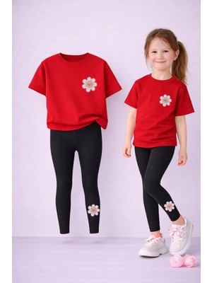 Vodexa Anne Kız Kombin Tayt-T-Shirt Takım %100 Pamuk Baskılı Esnek Rahat Günlük Spor Kombin