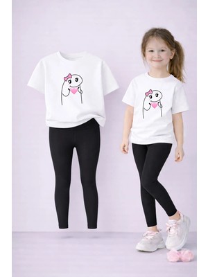 Vodexa Anne Kız Kombin Tayt-T-Shirt Takım %100 Pamuk Baskılı Esnek Rahat Günlük Spor Kombin