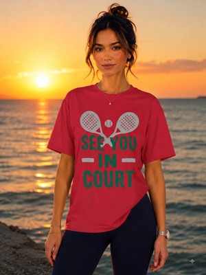 Vodexa Unisex Oversize Tennis Baskılı T-Shirt %100 Pamuk Tenis Temalı Rahat Kalıp Kısa Kollu Tişört