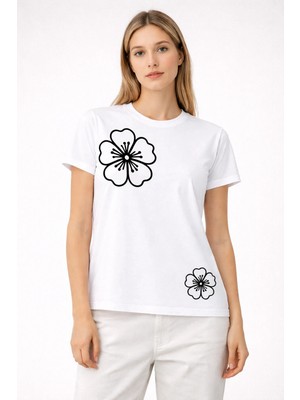 Vodexa Kadın Oversize T-Shirt Iki Çiçek Baskılı %100 Pamuk Tişört Rahat Kalıp