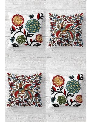 Pelangi Nakışlı Çiçek Kuş Desenli Etnik Gizli Fermuarlı Kırlent Kılıfı Koltuk Yastık Kılıfı TAKIM(4ADET), Kiremit 45 x 45