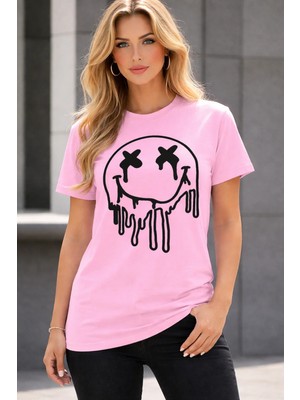 Vodexa Ünisex Oversize T-Shirt Eriyen Yüz Baskılı %100 Pamuk Tişört Rahat Kalıp