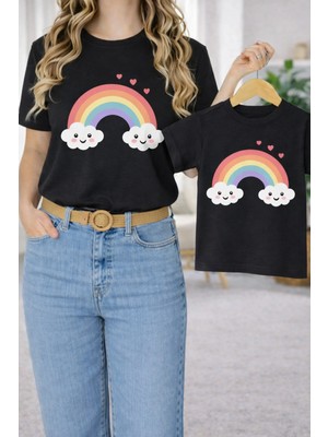 Vodexa Anne Ünisex Çocuk Kombin Oversize Tişört Twin T-Shirt Gülen Bulut Baskılı