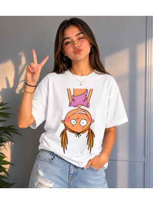 Vodexa Kadın Oversize T-Shirt Başaşagı Baskılı %100 Pamuk Tişört Rahat Kalıp