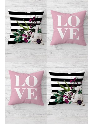 Pelangi Love Yazılı ve Çiçekli Kombin Gizli Fermuarlı Kırlent Kılıfı Koltuk Yastık Kılıfı TAKIM(4ADET), Pembe-Siyah 43 x 43