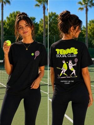 Vodexa Unisex Oversize Tennis Baskılı T-Shirt %100 Pamuk Tenis Temalı Rahat Kalıp Kısa Kollu Tişört