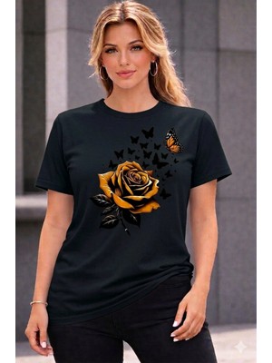 Vodexa Kadın Oversize T-Shirt Sarı Gül Baskılı %100 Pamuk Tişört Rahat Kalıp