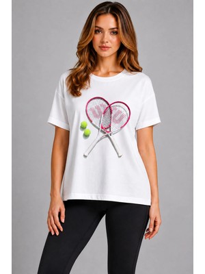 Vodexa Unisex Oversize Tennis Baskılı T-Shirt %100 Pamuk Tenis Temalı Rahat Kalıp Kısa Kollu Tişört