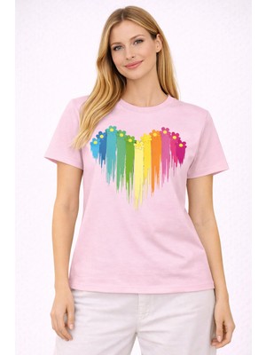 Vodexa Kadın Oversize T-Shirt Renkli Kalp Baskılı %100 Pamuk Tişört Rahat Kalıp