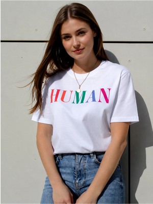 Vodexa Kadın Oversize T-Shirt Human Baskılı %100 Pamuk Tişört Rahat Kalıp