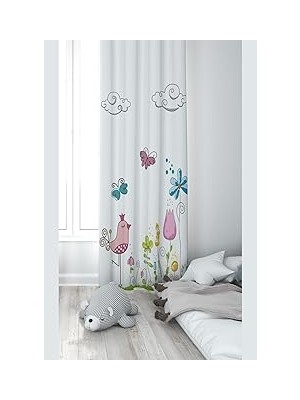 Pelangi Beyaz Kuş ve Doğa Desenli Dijital Baskı Yıkanabilir Bebek Çocuk Odası Fon Perdesi, Çok Renkli 70 x 270