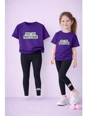 Vodexa Tayt-T-Shirt Takım Anne Kız Kombin %100 Pamuk Esnek Rahat Günlük Spor Kombin