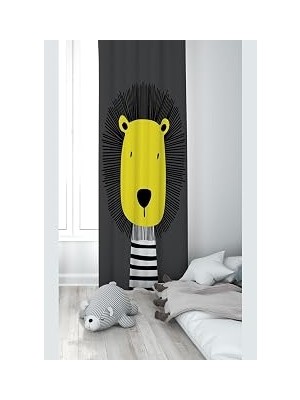 Pelangi Koyu Gri Aslan Desenli Dijital Baskı Yıkanabilir Bebek Çocuk Odası Fon Perdesi, Sarı-Gri 70 x 270