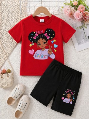 Vodexa Erkek-Kız Çocuk Tişört Şort Takım %100 Pamuk Yazlık Rahat Kalıp Baskılı T-Shirt Çocuk Kombin