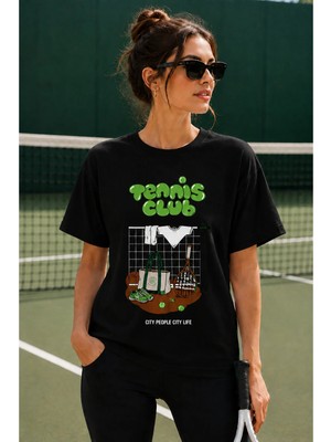 Vodexa Unisex Oversize Tennis Baskılı T-Shirt %100 Pamuk Tenis Temalı Rahat Kalıp Kısa Kollu Tişört