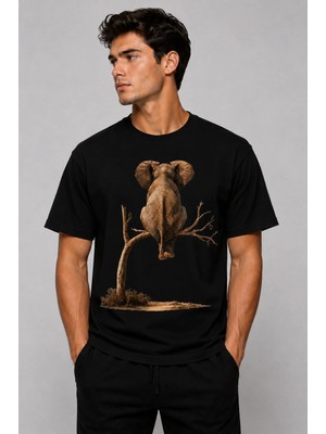Vodexa Erkek Oversize T-Shirt Agaçtaki Fil Baskılı %100 Pamuk Tişört Rahat Kalıp