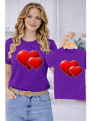 Vodexa Anne Ünisex Çocuk Kombin Oversize Tişört Twin T-Shirt Yapışık Kalpler Baskılı