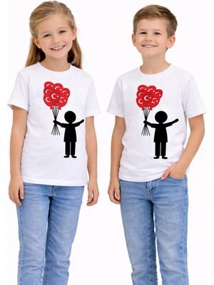 Vodexa Ünisex Çocuk Ayyıldızlı Balonlar Baskılı Tişört %100 Pamuk Kırmızı Yazlık Çocuk T-Shirt Tekli