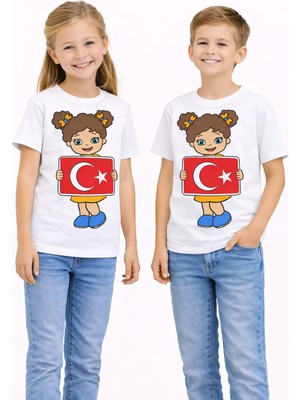 Vodexa Ünisex Çocuk Bayram Baskılı Tişört %100 Pamuk – Kırmızı Unisex Yazlık Çocuk T-Shirt