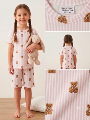 Seply Home Kız Çocuk %100 Pamuk Ayıcık Desenli Çizgili Kısa Kollu Şortlu Pijama Takımı