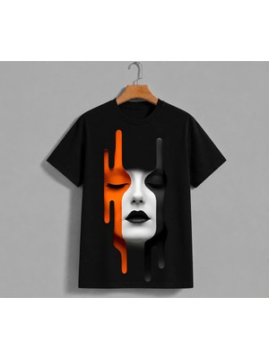 Vodexa Ünisex Oversize T-Shirt Boyalı Yüz Baskılı %100 Pamuk Tişört Rahat Kalıp