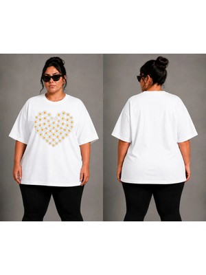 Vodexa Kadın Oversize T-Shirt Papatya Kalpli Baskılı %100 Pamuk Tişört Büyük Beden Rahat Kalıp