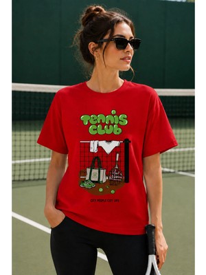 Vodexa Unisex Oversize Tennis Baskılı T-Shirt %100 Pamuk Tenis Temalı Rahat Kalıp Kısa Kollu Tişört
