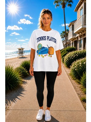 Vodexa Unisex Oversize Tennis Baskılı T-Shirt %100 Pamuk Tenis Temalı Rahat Kalıp Kısa Kollu Tişört
