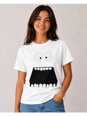 Vodexa Ünisex Oversize T-Shirt Açık Agız Baskılı %100 Pamuk Tişört Rahat Kalıp
